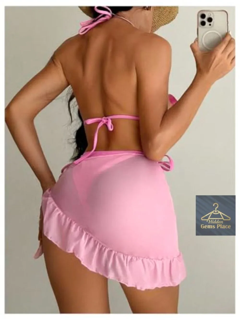 Sexy Halter Bikini Set with Sarong Wrap Skirt, Polyester, Adjustable Straps,